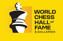 Load image into Gallery viewer, This playful magnet proudly displays the World Chess Hall of Fame logo in a horizontal layout with a solid yellow background
