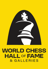 Load image into Gallery viewer, This playful magnet proudly displays the World Chess Hall of Fame logo with a bright yellow solid background
