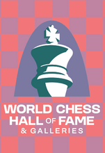 Load image into Gallery viewer, This playful magnet proudly displays the World Chess Hall of Fame logo with a pink and purple checked background
