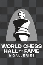Load image into Gallery viewer, This playful magnet proudly displays the World Chess Hall of Fame logo with a grey checked background

