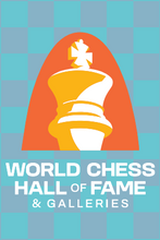 Load image into Gallery viewer, This playful magnet proudly displays the World Chess Hall of Fame logo with blue checked background
