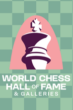 Load image into Gallery viewer, This playful magnet proudly displays the World Chess Hall of Fame logo with and teal checked background
