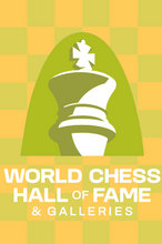 Load image into Gallery viewer, This playful magnet proudly displays the World Chess Hall of Fame logo with lime green and yellow checked background
