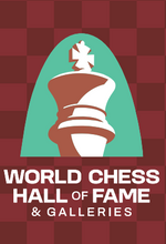 Load image into Gallery viewer, This playful magnet proudly displays the World Chess Hall of Fame logo with a maroon checked background
