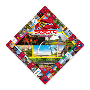 Bird’s eye view of the St. Louis edition MONOPOLY game board, featuring city-themed properties, iconic landmarks, and vibrant St. Louis imagery.