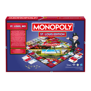 Back of the St. Louis edition MONOPOLY box, featuring game details, city landmarks, and vibrant illustrations celebrating St. Louis culture.