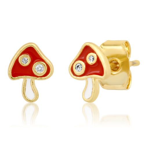 image of mini red mushroom stud earrings with red and white enamel and cz jems