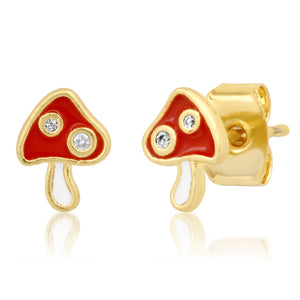 image of mini red mushroom stud earrings with red and white enamel and cz jems