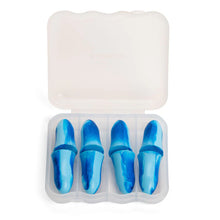 Load image into Gallery viewer, This image showcases the open, frosted plastic travel case for the earplugs resting against a solid white background. Inside, four memory foam earplugs are arranged vertically in individual slots, each featuring a vibrant, marbled blend of sky blue and deep royal blue shades.
