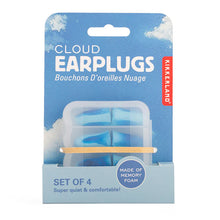 Load image into Gallery viewer, This image shows the retail cardboard packaging for Kikkerland "Cloud Earplugs," featuring a bright blue sky design filled with wispy white clouds. At the center, a clear plastic travel case houses four tapered, marbled blue-and-white memory foam earplugs, labeled as a "Super quiet &amp; comfortable" set of four.
