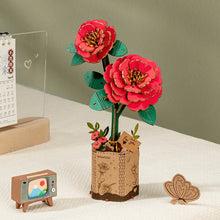 Load image into Gallery viewer, Red Camelia wooden model including butterflies and flower pot
