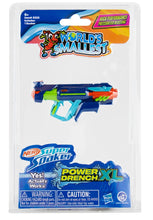 Load image into Gallery viewer, A packaged "World's Smallest Nerf Super Soaker Power Drench XL" toy sealed inside a clear plastic blister card. At the center is a miniature, functional water gun featuring a vibrant blue, orange, light blue, and bright green plastic body.
