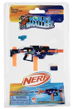 Load image into Gallery viewer, A packaged "World's Smallest Nerf Loadout" toy blaster set inside a clear plastic blister card. The central item is a tiny dark blue and orange toy rifle with orange attachments, paired with a small detachable blue sight and a set of miniature blue darts.
