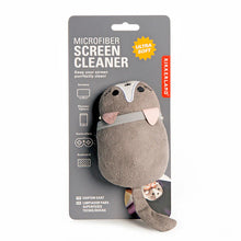 Load image into Gallery viewer, "Microfiber Screen Cleaner," which features a plush, oval-shaped grey cat with small pink felt ears attached to a dark grey cardboard backing. The background display includes simple white icons indicating it can be used for screens, phones, controllers, and keyboards, alongside a bright orange burst label that reads "ULTRA SOFT."
