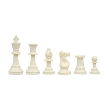 Load image into Gallery viewer, A full set of off-white plastic chess pieces arranged in descending order of height from king to pawn against a solid white background.
