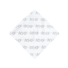 Load image into Gallery viewer, White, beautiful, hand-printed pocket square that showcases an interesting take on the World Chess Hall of Fame (WCHOF) logo.

