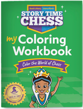 Load image into Gallery viewer, A green-covered workbook titled "Story Time Chess: My Coloring Workbook" featuring a cartoon queen waving against a subtle green checkered background.

