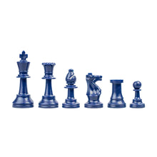 Load image into Gallery viewer, A line of dark navy blue plastic chess pieces arranged in descending order of height from king to pawn against a white background.
