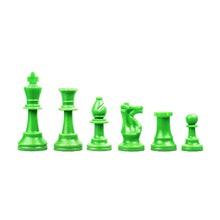 Load image into Gallery viewer, A line of neon green plastic chess pieces set against a white background, arranged in height order from king to pawn.
