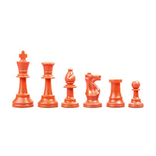 Load image into Gallery viewer, A line of bright orange plastic chess pieces set against a white background, arranged in height order from king to pawn.
