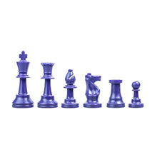 Load image into Gallery viewer, A line of deep purple plastic chess pieces set against a white background, arranged in height order from king to pawn.
