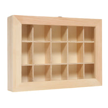 Load image into Gallery viewer, A straight-on view of a light pine wooden display case with a clear glass lid showing eighteen small, rectangular compartments inside.
