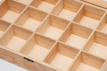 Load image into Gallery viewer, A close-up, high-angle view showing the interior empty wooden compartments of an open organizer box.
