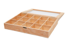 Load image into Gallery viewer, An open light-wood shadow box with fifteen individual storage sections and a hinged glass-top cover resting open behind it.
