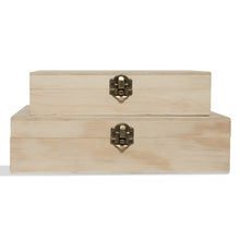 Load image into Gallery viewer, A front view of two closed, rectangular light wood keepsake boxes stacked on top of each other, each with a brass latch on the front.
