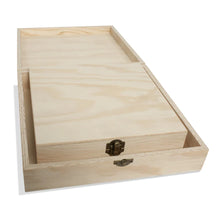 Load image into Gallery viewer, A open shallow wooden shadow box displaying a smaller, closed matching wooden box nested inside it.

