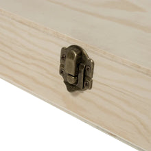 Load image into Gallery viewer, A close-up view showing the detail of an antique brass swing latch secured with small screws on a light unfinished wooden box.
