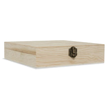 Load image into Gallery viewer, A closed, light-colored natural wood display box with a antique-style metal latch sitting at an angle against a white background.
