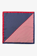 Load image into Gallery viewer, Square pocket square featuring an American flag design split diagonally between star and stripe motifs.
