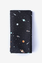 Load image into Gallery viewer, Black pocket square with a colorful outer space pattern featuring planets, rockets, astronauts, and stars.
