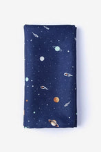 Load image into Gallery viewer, Blue pocket square with a colorful outer space pattern featuring planets, rockets, astronauts, and stars.
