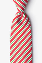 Load image into Gallery viewer, Festive red, green, and white diagonal striped necktie.
