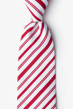 Load image into Gallery viewer, White necktie with diagonal red candy cane stripes.
