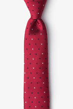 Load image into Gallery viewer, Red necktie with a subtle repeating pattern of small navy and white stars.

