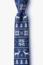 Load image into Gallery viewer, Royal blue tie with a white Fair Isle sweater pattern featuring reindeer, snowflakes, and pine trees.
