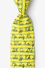 Load image into Gallery viewer, Bright yellow necktie with blue lined paper rows and black cursive handwriting.
