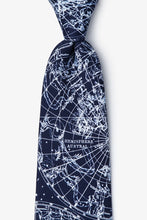 Load image into Gallery viewer, Dark navy necktie featuring a white celestial star and constellation map pattern.


