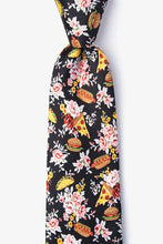 Load image into Gallery viewer, Black necktie with a floral and fast food pattern featuring pizza, burgers, tacos, and hot dogs.
