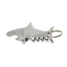 Load image into Gallery viewer, Silver stainless steel shark-shaped keychain with a bottle opener mouth and open corkscrew belly.

