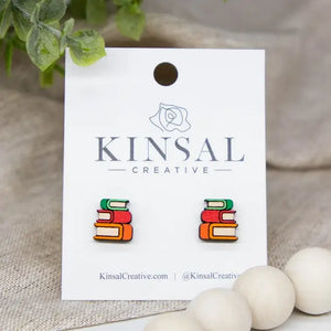 image of wood earring in the shape of stacked books