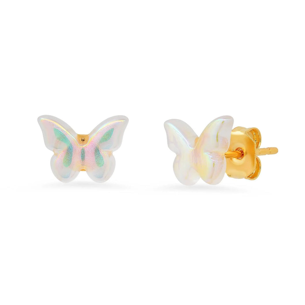image showing small iridescent butterfly studs with gold posts