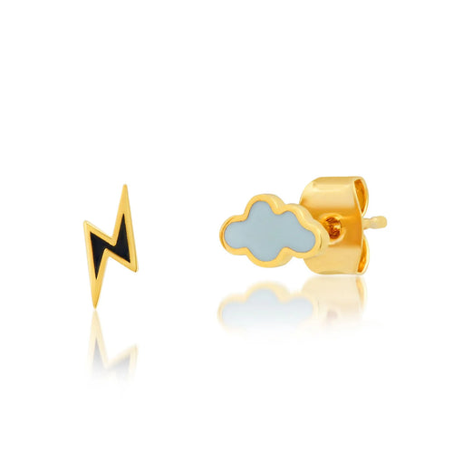 image of small stud earrings, one in the shape of a cloud with grey enamel and one in the shape of a lightening bolt with black enamel. 