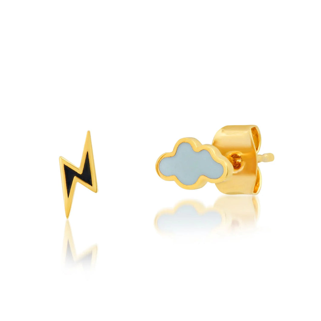 image of small stud earrings, one in the shape of a cloud with grey enamel and one in the shape of a lightening bolt with black enamel. 