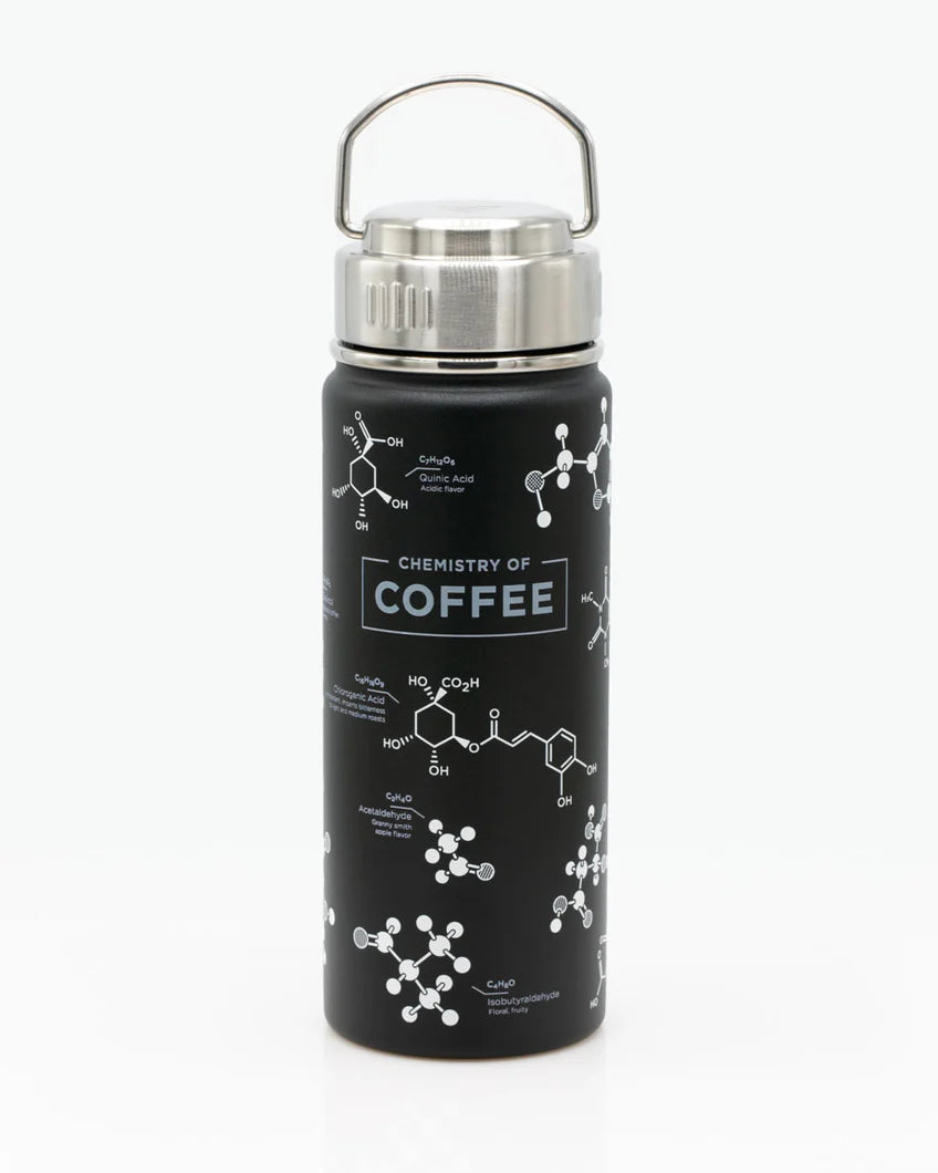 image of stainless steel bottle with chemistry of coffee design

