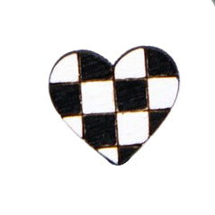 image of Heart shaped wood earrings with a checkerboard pattern
