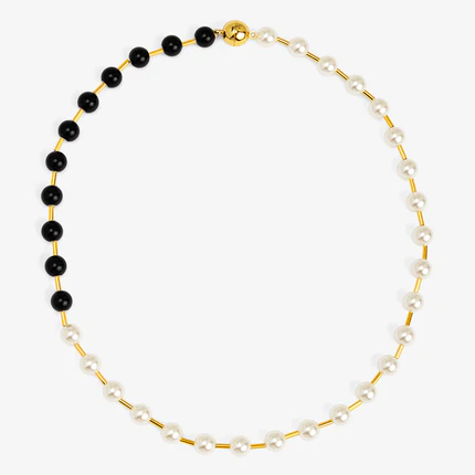 image of black and white pearl necklace with gold spacers and magnetic clasp
